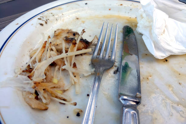 A dirty plate after eating. Bones on a plate