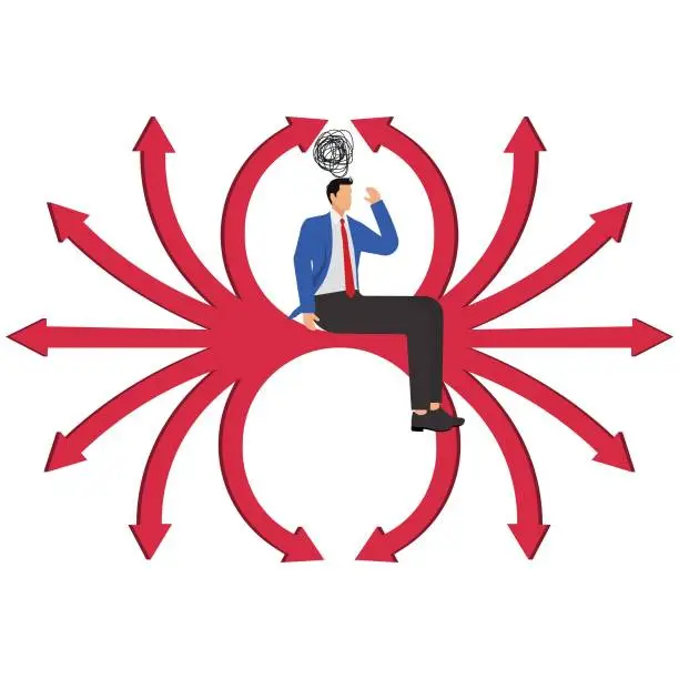 Vector illustration of Decisions and Choices, Choice of Career or Business Direction, Finding the Right Direction or Opportunity, Businessman Confused Looking at the Confusing Group of Arrows Surrounding Him