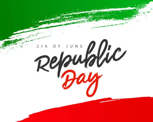 Vector illustration of Lettering - June 2 - Republic Day. Green and red brushstroke. The Italian flag. Vector illustration