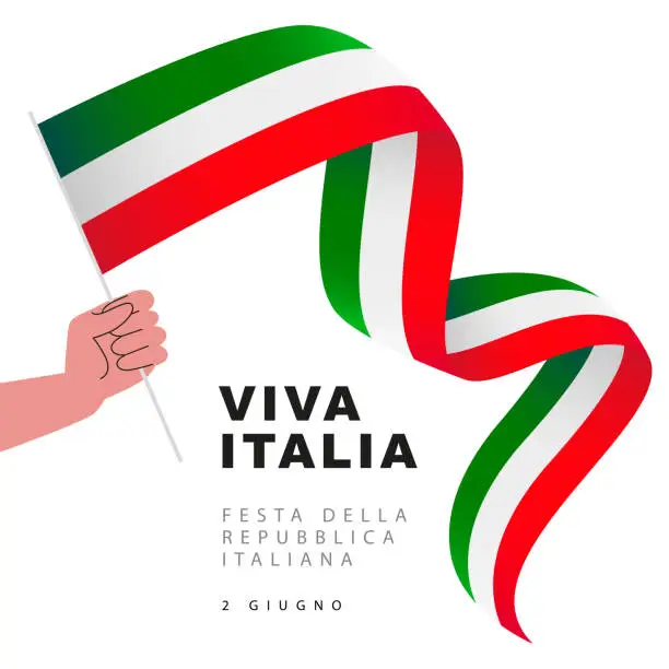 Vector illustration of Human hand holds a long Italian flag on a stick. Viva Italia. Republic Day of Italy, June 2 - inscription in Italian.
