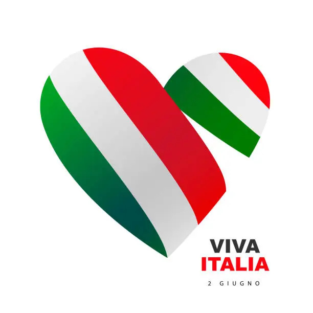 Vector illustration of A heart with a ribbon in the colors of the Italian flag. Viva Italia, June 2 - the inscription in Italian. The flag of Italy.