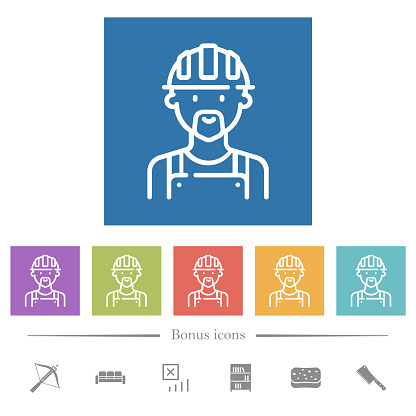 Worker avatar outline flat white icons in square backgrounds. 6 bonus icons included.
