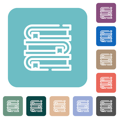 Stack of books outline white flat icons on color rounded square backgrounds