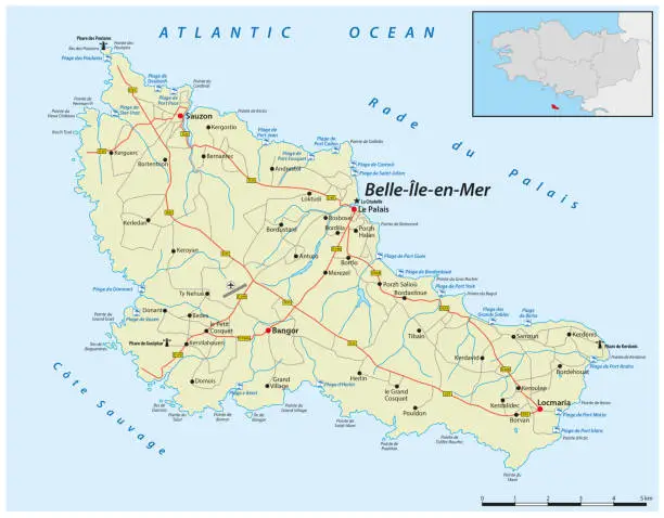 Vector illustration of Road map of the Breton island of Belle-Ile-en-Mer, France