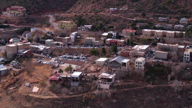 Downtown Jerome, Arizona USA. Aerial View, Old Mine Town and Hillside Buildings. Drone Shot