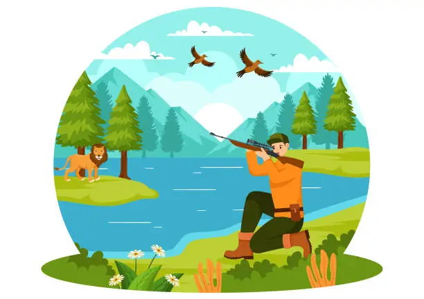 Vector illustration of Hunting Vector Illustration with Hunter Rifle or Weapon for Shooting to Birds or Wild Animals in the forest on Flat Cartoon Background Design