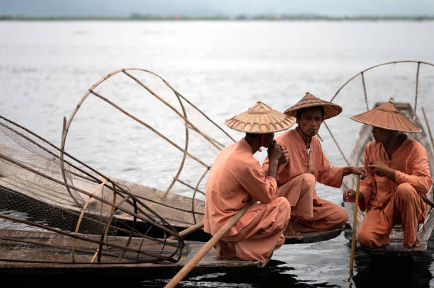 Fisherman and fishing cages at Inle Lake,Shan State,Myanmar.