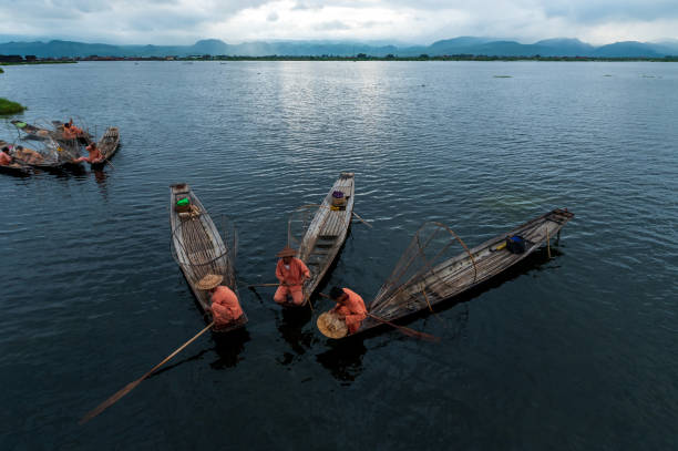 Fisherman and fishing cages at Inle Lake,Shan State,Myanmar.