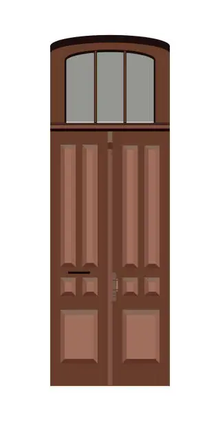 Vector illustration of Entrance double door, thin brown wooden portal with glass windows. Entry front doorway, european style design.