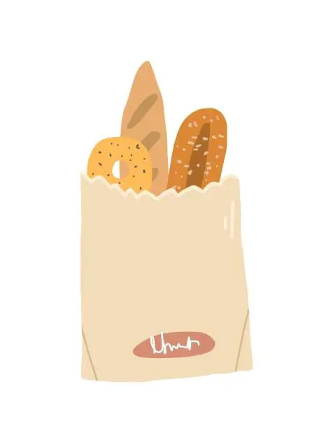 Vector illustration of Fresh bread illustration. Baguette, bagel, loaf vector illustration for bakery.