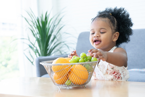 Cute African child girl smiling, choosing fruits from basket to eat at home. Happy little kid enjoy and having fun with tasty basket of fresh fruits, oranges and bunch of grapes