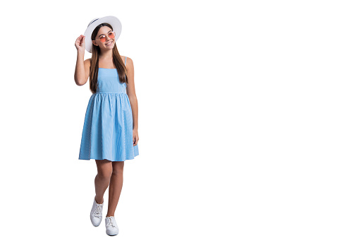 teen girl in summer dress isolated on white, copy space banner. teen girl in summer dress at studio. teen girl in summer dress on background. photo of teen girl in summer dress.