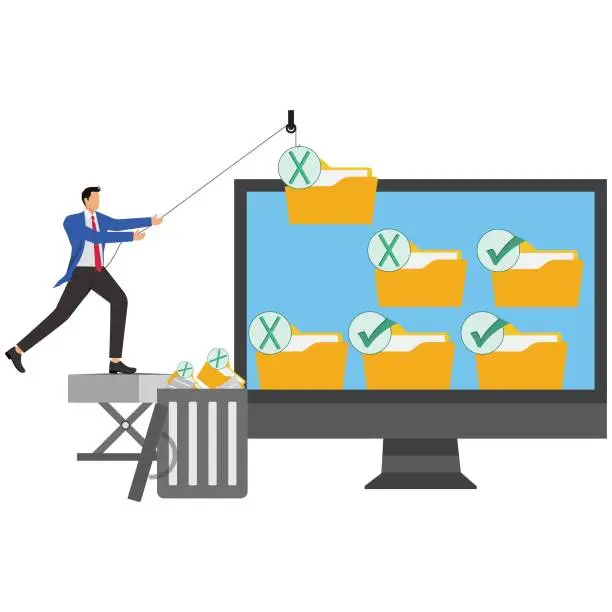 Vector illustration of Organize computer files, clean up and delete junk files, improve work efficiency, reduce workload, isometric businessman to throw the junk files on the computer into the waste basket inside