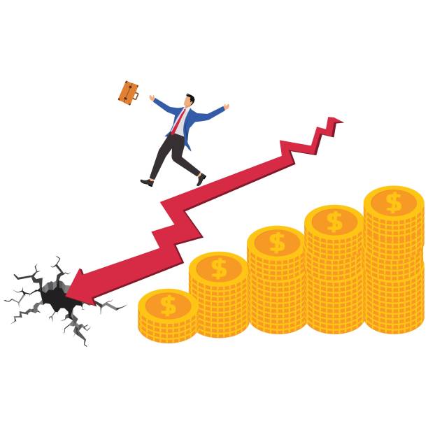 illustrazioni stock, clip art, cartoni animati e icone di tendenza di loss of investment, gain, decrease in profit or salary, recession business loss, businessman falls from the heights of the gold heap to the lowlands - interest rate percentage sign moving down sadness