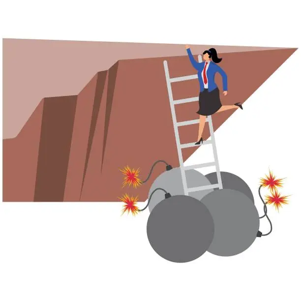Vector illustration of Escape from dangers and crises, avoid risks, get rid of difficulties or problems, businesswomen climb ladders to get out from inside bombs