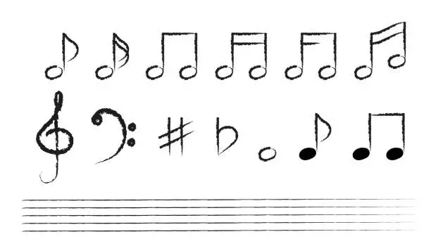 Vector illustration of Notes, treble clef, bass clef, sharp, flat, sheet music