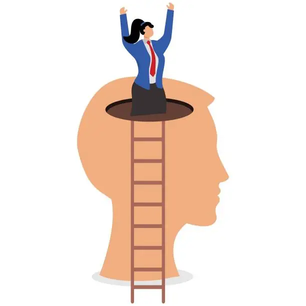 Vector illustration of The ladder of growth, the ladder of success, the courage to challenge and innovate, new opportunities and determination, the businesswoman climbing the ladder to climb out of his brain