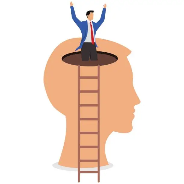 Vector illustration of The ladder of growth, the ladder of success, the courage to challenge and innovate, new opportunities and determination, the businessman climbing the ladder to climb out of his brain