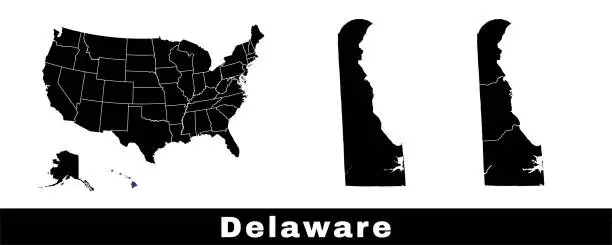 Vector illustration of Map of Delaware state, USA. Set of Delaware maps with outline border, counties and US states map. Black and white color.