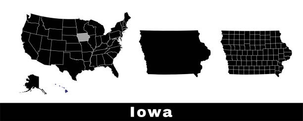 Map of Iowa state, USA. Set of Iowa maps with outline border, counties and US states map. Black and white color. Map of Iowa state, USA. Set of Iowa maps with outline border, counties and US states map. Black and white color vector illustration. des moines silhouette stock illustrations
