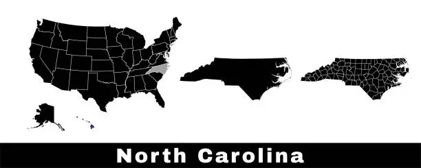 Vector illustration of North Carolina state map, USA. Set of North Carolina maps with outline border, counties and US states map. Black and white color.