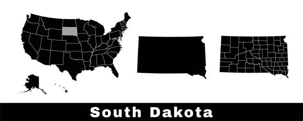 Vector illustration of South Dakota state map, USA. Set of South Dakota maps with outline border, counties and US states map. Black and white color.