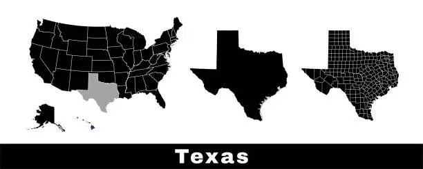 Vector illustration of Texas state map, USA. Set of Texas maps with outline border, counties and US states map. Black and white color.