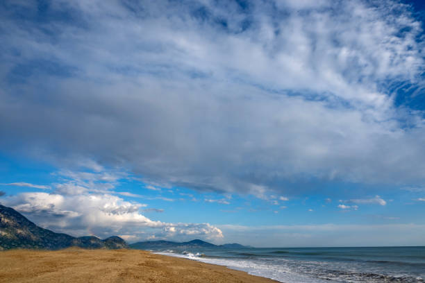 Alanya Turkey; March 21, 2024: Sky for background, sky and cumulus clouds. Bright blue sky and light of the sun. Beautiful landscape