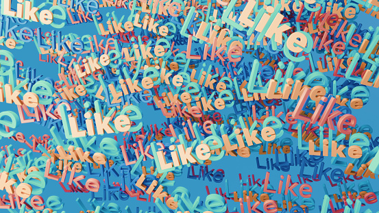 Appreciation in the social media: LIKE, LIKE, LIKE. Group of LIKE texts arranged in a word cloud. CGI