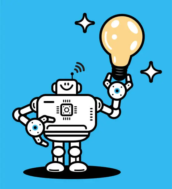 Vector illustration of An artificial intelligence robot holding a big idea light bulb
