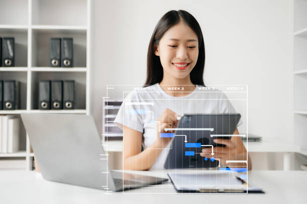 istock Project manager working and update tasks with milestones progress planning and Gantt chart scheduling diagram.business tram working 2103548489