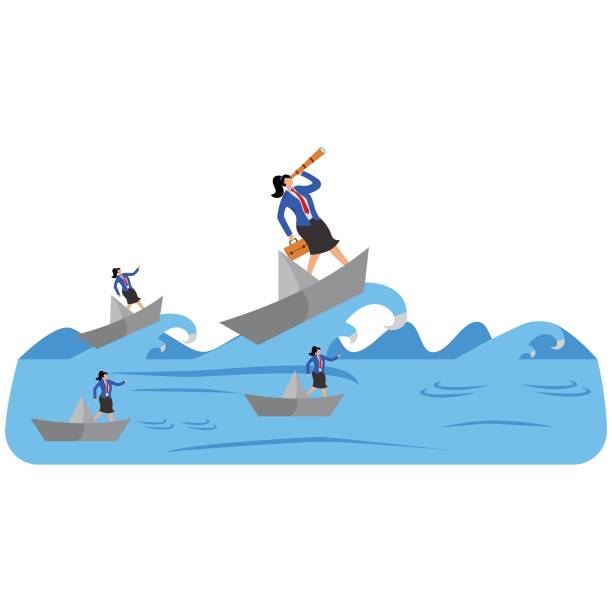 직업적 또는 사업적 어려움과 목표, 앞으로 나아가기 위한 추진력, 성공을 달성하기 위한 아이디어 또는 야망, 앞으로 나아가는 여성 사업가 - teamwork oar achievement sports team stock illustrations