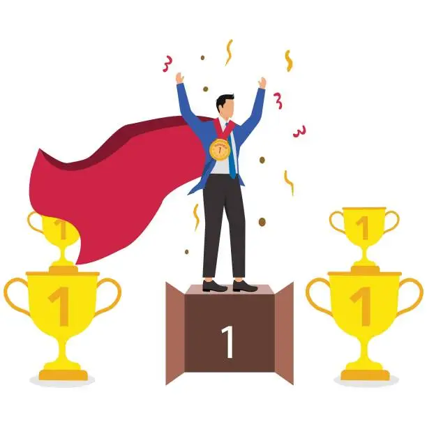 Vector illustration of Successful person, winning trophies and honors, business or professional achievements, winner of a competition, best leader or employee, isometric wear cape businessman and his pile of trophies