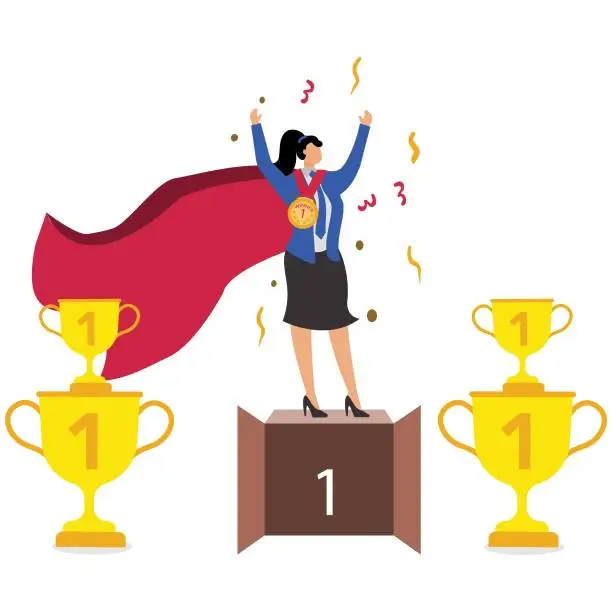 Vector illustration of Successful person, winning trophies and honors, business or professional achievements, winner of a competition, best leader or employee, isometric wear cape businesswoman and his pile of trophies