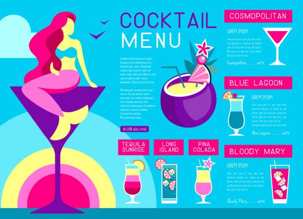 Retro summer restaurant cocktail menu design with mermaid and martini glass. Vector illustration Retro summer restaurant cocktail menu design with mermaid and martini glass. Vector illustration mermaid dress stock illustrations