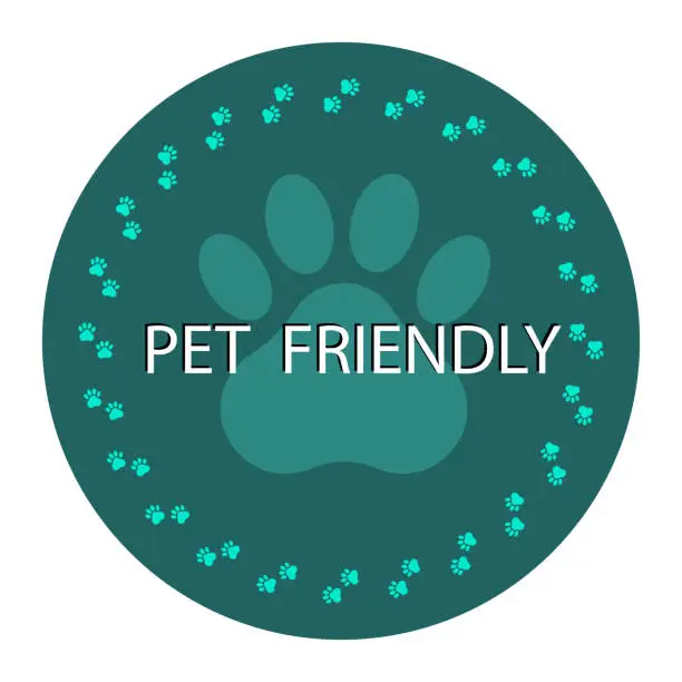Vector illustration of Pet friendly sign. Paw print emblem. Animal welcome symbol. Vector illustration. EPS 10.