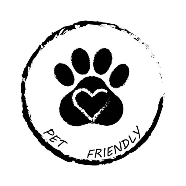 Vector illustration of Pet friendly badge. Love heart paw print. Animal accommodation symbol. Vector illustration. EPS 10.