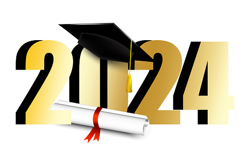 Golden 2024 numerals with a graduation cap and diploma. Vector illustration. EPS 10. Stock image.