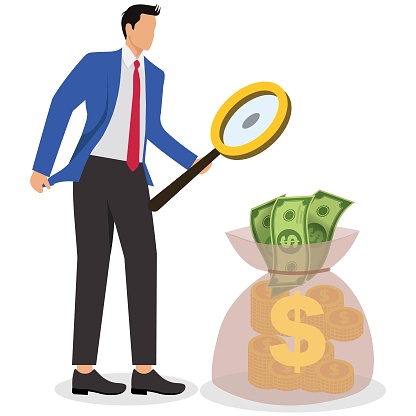 Analysis of savings interest, investments, fees and costs, optimization of the best investment methods and economic policies, businessman with a magnifying glass to analyze the money inside the bag