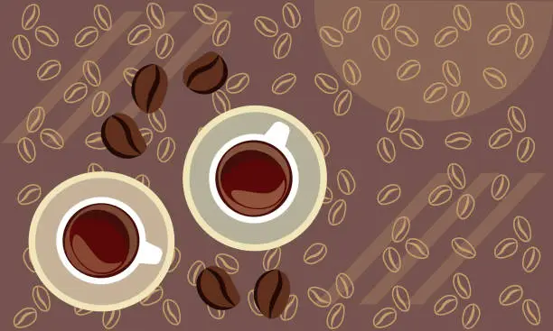 Vector illustration of Two coffee cups and beans top view on decorative background vector illustration
