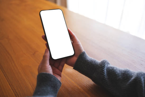 istock Mockup image of a woman holding mobile phone with blank desktop screen 2103562273