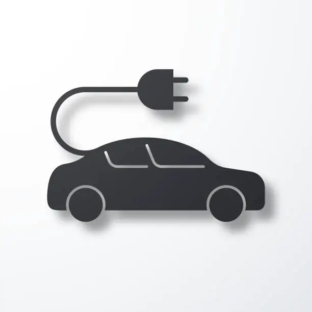 Vector illustration of Electric car with plug. Icon with shadow on white background