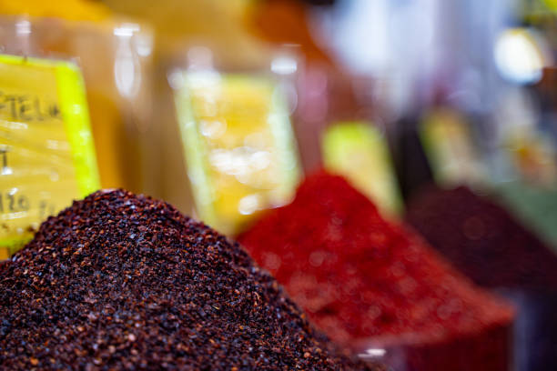 Red chili peppers spice varieties in a traditional Turkish bazaar.