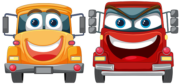 Two smiling animated vehicles with expressive eyes