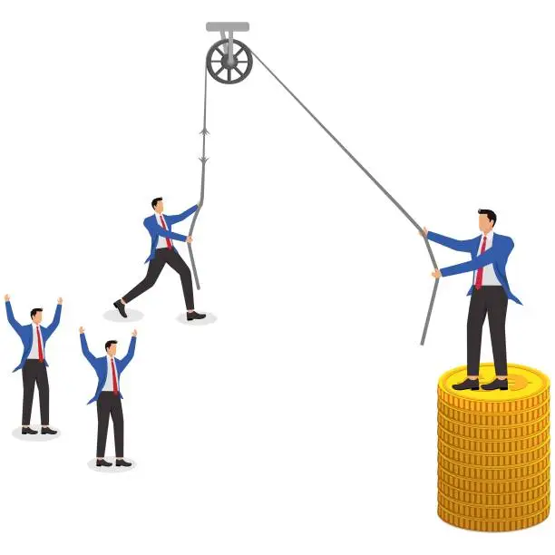 Vector illustration of Saving poverty, income disparity, aid in economic crises, relief, managers standing on top of tall piles of gold coins throwing life preservers to the poor