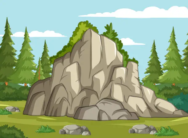 Vector illustration of Vector illustration of a rocky cliff in a forest
