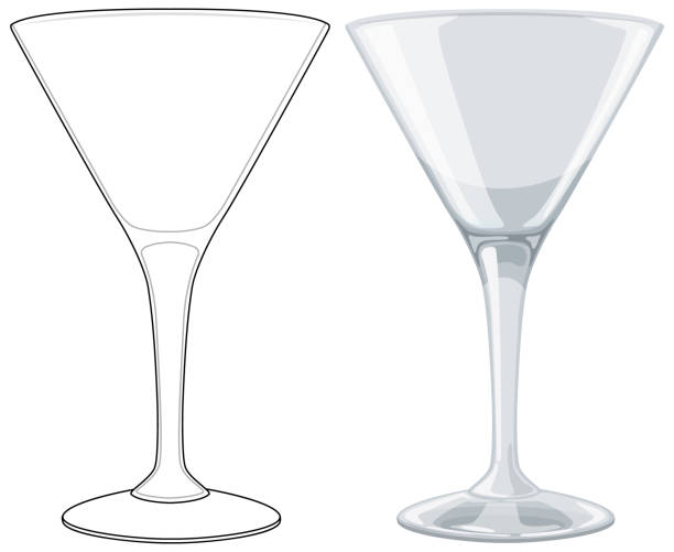 두 개의 마티니 잔, 하나는 윤곽선이 있고 하나는 음영 처리되어 있습니다. - barware stock illustrations