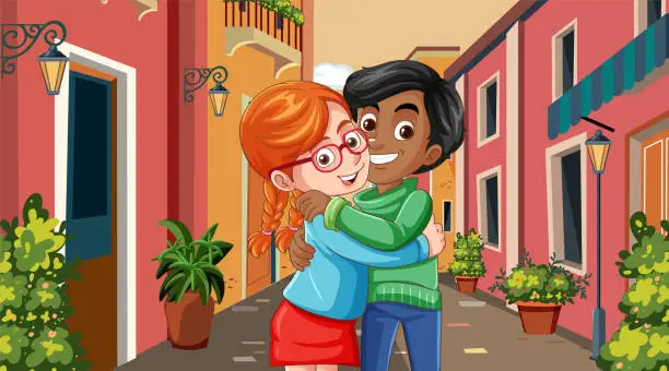 Vector illustration of Two people hugging warmly on a quaint street.