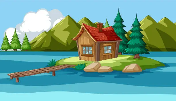 Vector illustration of Small wooden cabin on an island with a pier