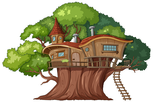 Whimsical treehouse nestled among vibrant green foliage.